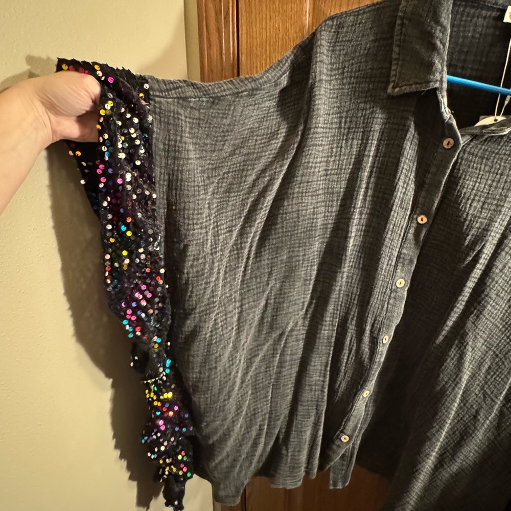Oddi- NWT Charcoal black Button Down Shirt with Sequin Accents - Picture 2 of 5